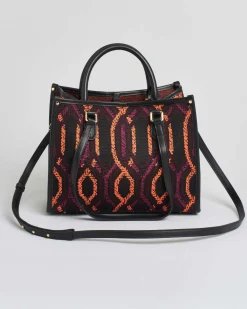 Borsa media My Best bag nera in tessuto intrecciato a motivo jacquard geometrico bordeaux e arancione
