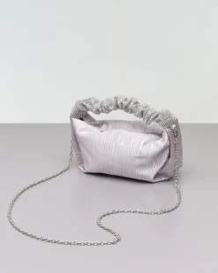 Borsa mini a mano color argento in raso goffrato con manico rivestito in strass tono su tono