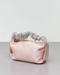 Borsa mini a mano rosa cipria in raso goffrato con manico rivestito in strass argento