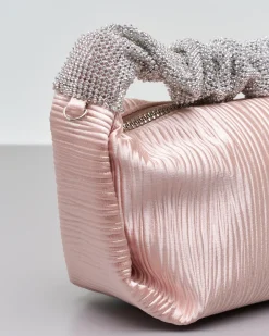 Borsa mini a mano rosa cipria in raso goffrato con manico rivestito in strass argento