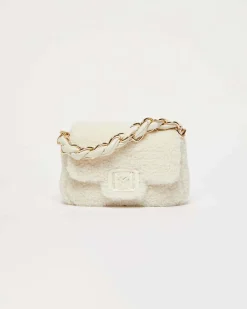 Borsa mini bianca in tessuto furry imbottita Marella con fibbia logo tono su tono