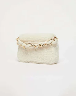 Borsa mini bianca in tessuto furry imbottita Marella con fibbia logo tono su tono