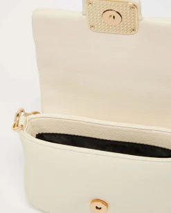 Borsa mini bianca Marella in similpelle liscia con fibbia logo dorata e catena intrecciata