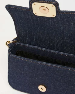 Borsa mini blu in denim Marella con fibbia logo dorata in micro cristalli applicati e catena intrecciata