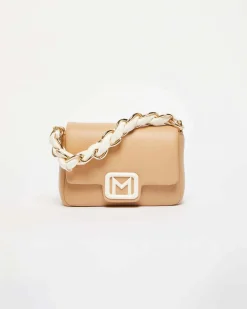 Borsa mini color cammello Marella in similpelle liscia con fibbia logo e catena intrecciata bianche
