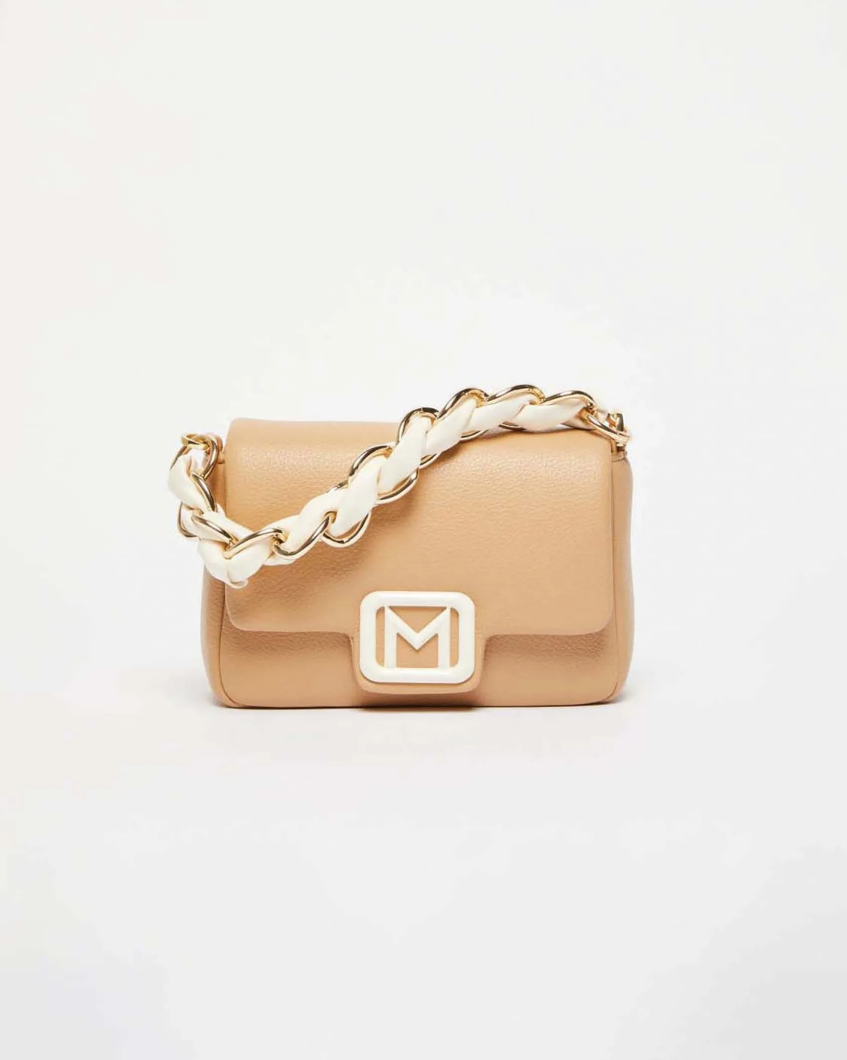 Borsa mini color cammello Marella in similpelle liscia con fibbia logo e catena intrecciata bianche