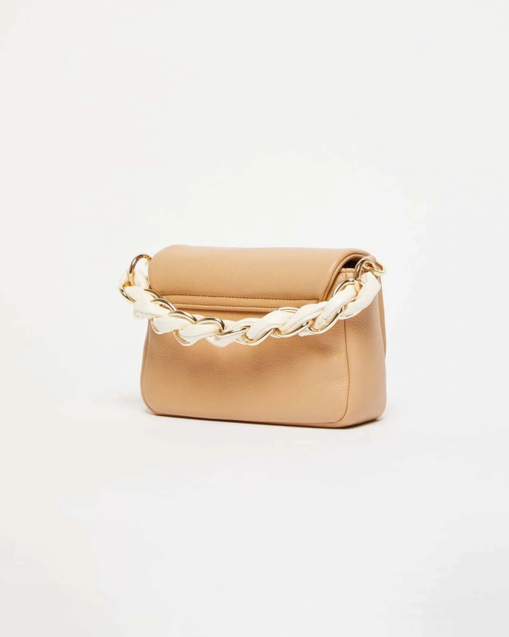 Borsa mini color cammello Marella in similpelle liscia con fibbia logo e catena intrecciata bianche