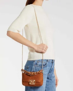 Borsa mini color cuoio in suede Marella con fibbia logo dorata e catena intrecciata