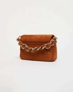 Borsa mini color cuoio in suede Marella con fibbia logo dorata e catena intrecciata