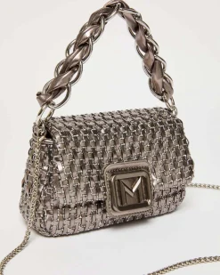 Borsa mini color piombo Marella in similpelle intrecciato effetto laminato con catena a intreccio