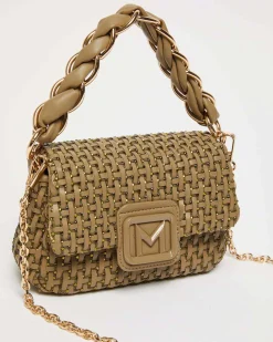 Borsa mini verde militare Marella in similpelle intrecciato con catena a intreccio e patta con fibbia smaltata tono su tono