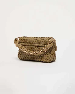 Borsa mini verde militare Marella in similpelle intrecciato con catena a intreccio e patta con fibbia smaltata tono su tono