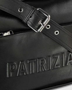 Borsa nera a bauletto in pelle liscia con scritta logo a rilievo e manici regolabili