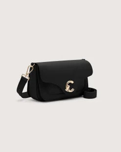 Borsa nera C-me Medium in pelle martellata con fibbia logo sulla patta di chiusura