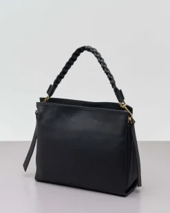 Borsa nera in pelle martellata con spallaccio intrecciato e tracolla più lunga removibile