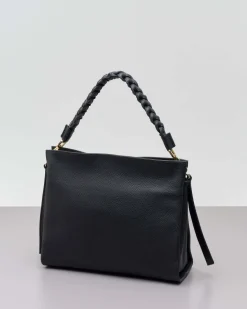 Borsa nera in pelle martellata con spallaccio intrecciato e tracolla più lunga removibile