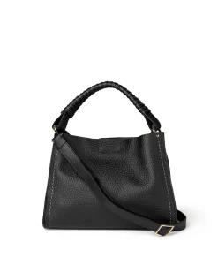 Borsa nera Visonà in pelle martellatamisura media con manico intrecciato e tracolla più lunga removibile