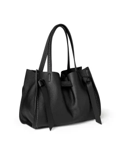 Borsa nera Visonà misura grande in pelle martellata con inserto abbinato a nodi e impunture a contrasto