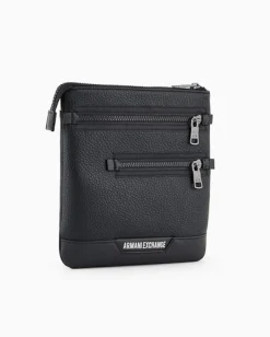 Borsa piatta Armani Exchange nera in similpelle martellata