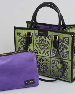 Borsa verde misura media My Best Bag in tessuto con ricami a rilievo tono su tono d'ispirazione orientale