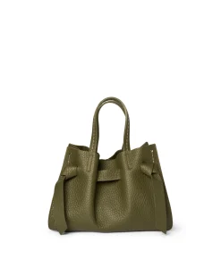 Borsa verde muschio Visonà misura piccola in pelle martellata con inserto abbinato a nodi e impunture a contrasto