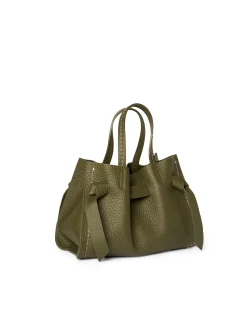 Borsa verde muschio Visonà misura piccola in pelle martellata con inserto abbinato a nodi e impunture a contrasto