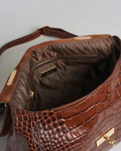 Borsa Visonà color ambra in pelle stampa cocco con manico a catena in resina e inserto abbinato