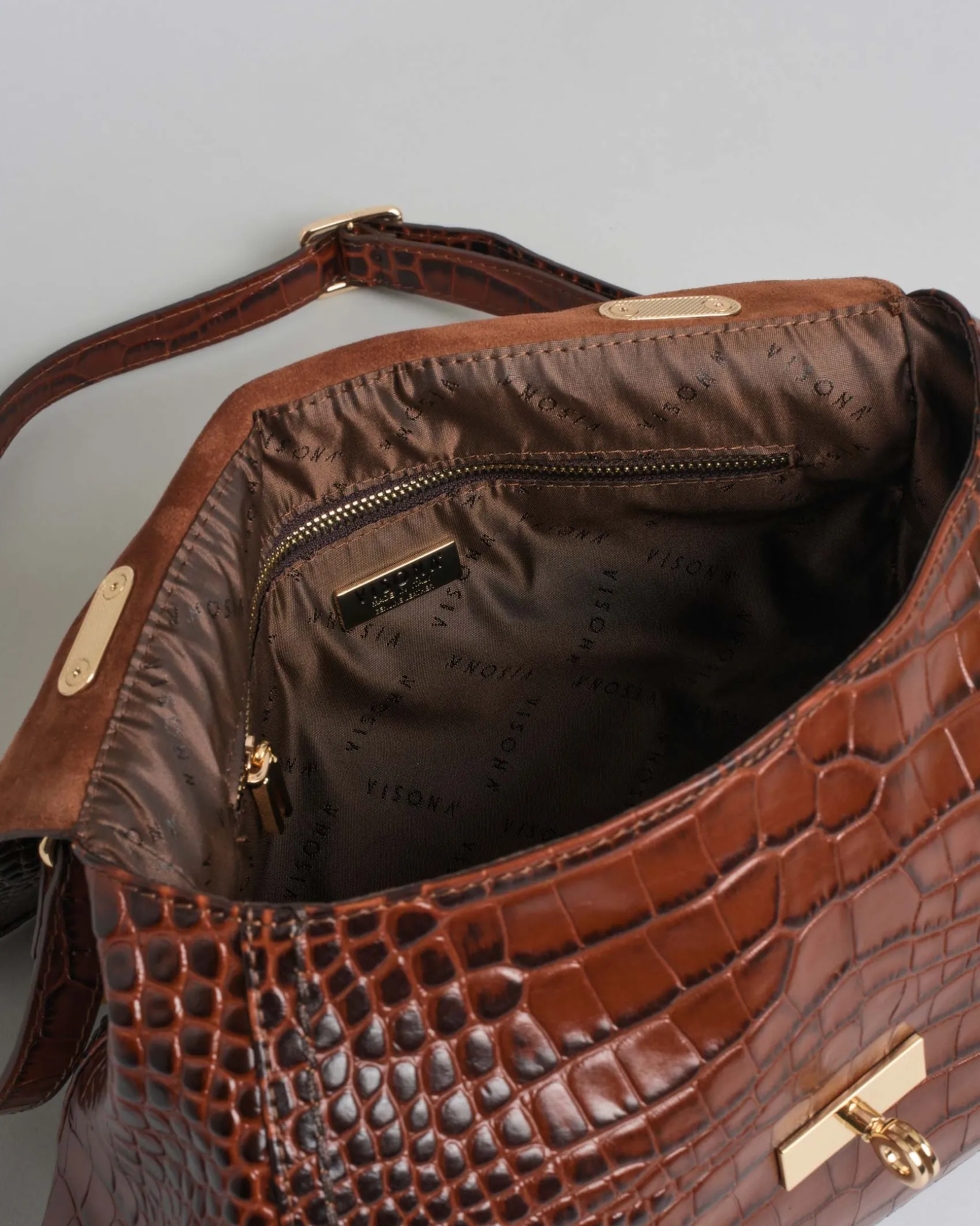Borsa Visonà color ambra in pelle stampa cocco con manico a catena in resina e inserto abbinato