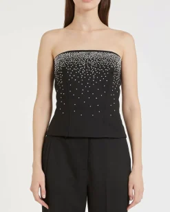 Bustier nero Marella con scollo dritto in misto viscosa con ricamo con borchie e strass
