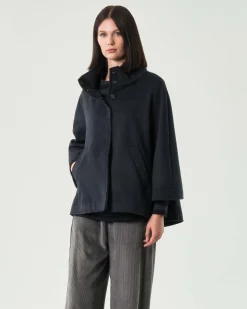 Caban blu melange Jurerê in velour di misto viscosa con collo alto e giromanica sceso