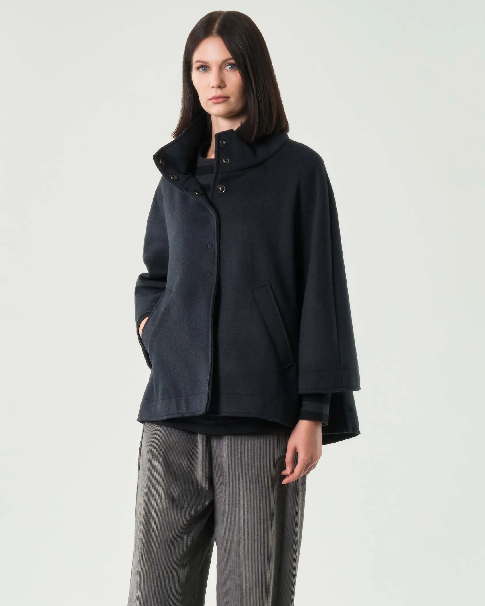 Caban blu melange Jurerê in velour di misto viscosa con collo alto e giromanica sceso