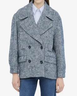 Caban Liu Jo azzurro misto lana alpaca con logo in rilievo