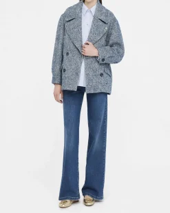 Caban Liu Jo azzurro misto lana alpaca con logo in rilievo
