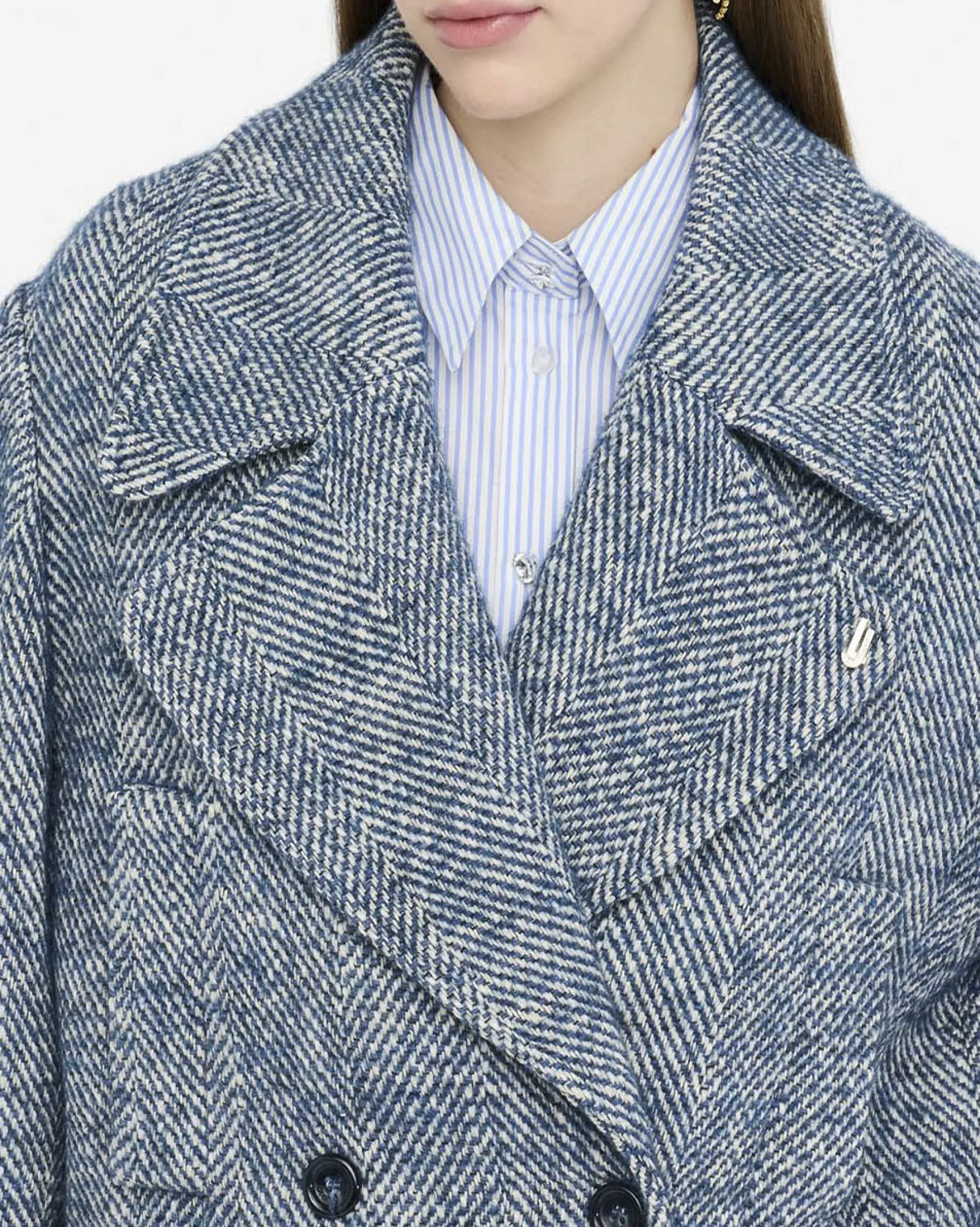 Caban Liu Jo azzurro misto lana alpaca con logo in rilievo