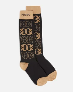 Calzini medi neri Pinko in misto cotone a fantasia jacquard monogramm color cammello