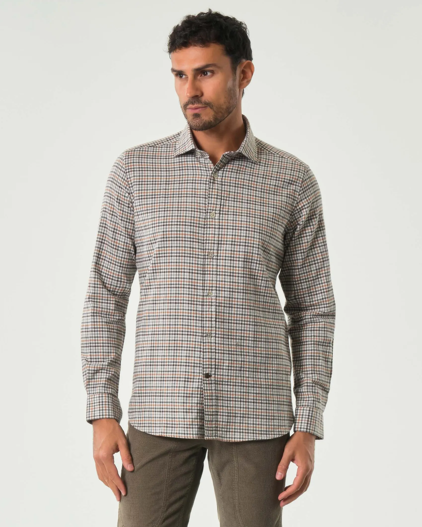 Camicia Alley Docks a quadretti grigi moro e arancio in flanella di puro cotone