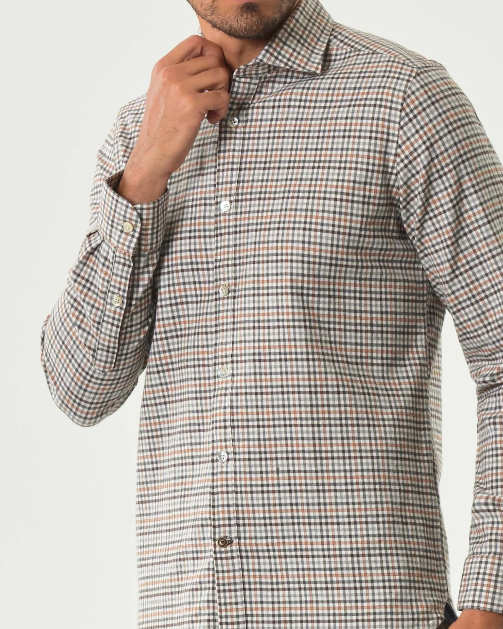 Camicia Alley Docks a quadretti grigi moro e arancio in flanella di puro cotone