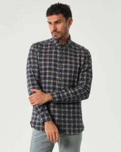Camicia Alley Docks a quadretti blu e beige in flanella di puro cotone con bottoni automatici
