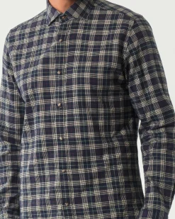 Camicia Alley Docks a quadretti blu e beige in flanella di puro cotone con bottoni automatici