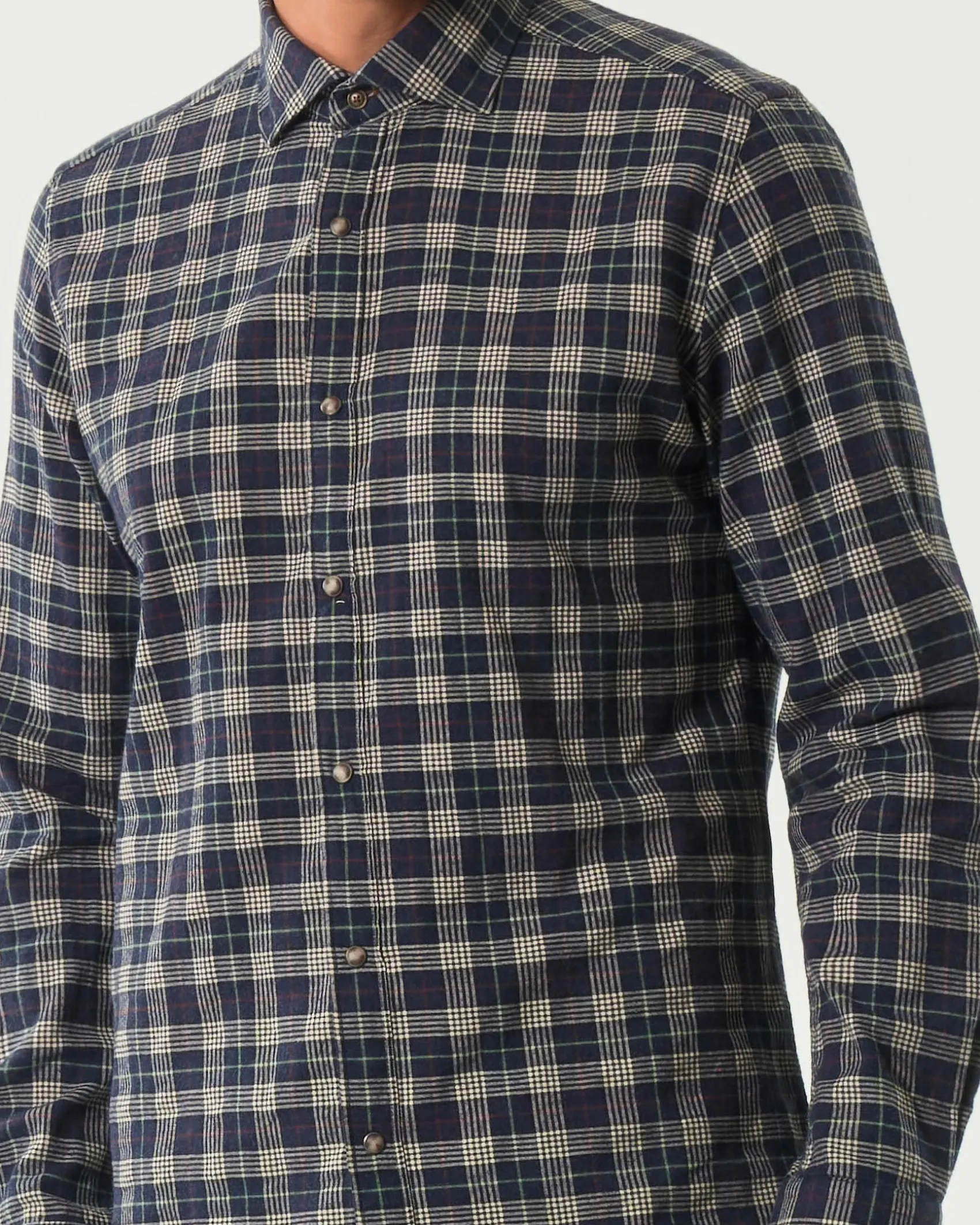Camicia Alley Docks a quadretti blu e beige in flanella di puro cotone con bottoni automatici