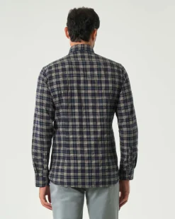 Camicia Alley Docks a quadretti blu e beige in flanella di puro cotone con bottoni automatici