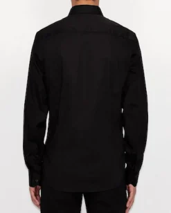 Camicia Armani Exchange nera in popeline di cotone stretch con logo ricamato al petto