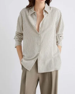 Camicia avorio a righe verde Marella in twill di misto viscosa lavato con cravatta coordinata