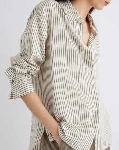 Camicia avorio a righe verde Marella in twill di misto viscosa lavato con cravatta coordinata