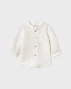 Camicia avorio in misto lino alla coreana con righe beige
