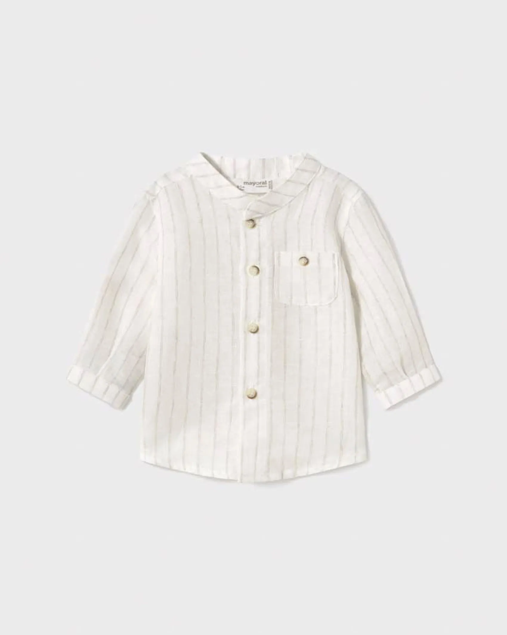 Camicia avorio in misto lino alla coreana con righe beige