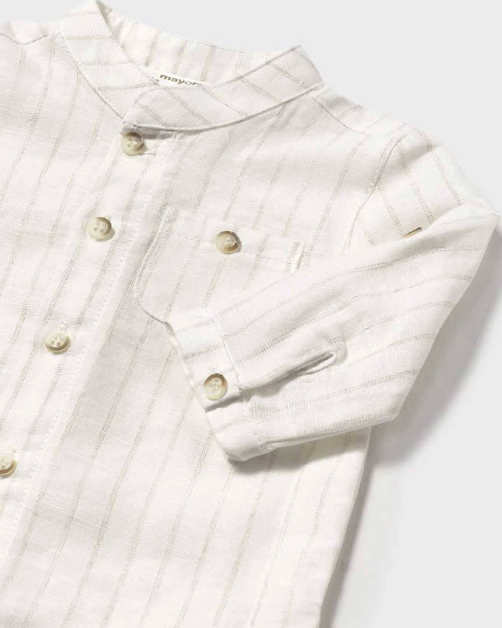Camicia avorio in misto lino alla coreana con righe beige
