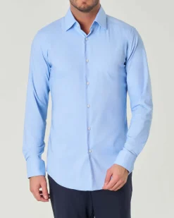 Camicia azzurra Boss Hank slim-fit in twill tecnico stretch con colletto Kent
