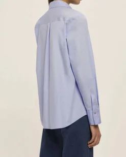 Camicia azzurra Emme Marella in popeline di cotone con strass e perline applicati lungo la chiusura centrale