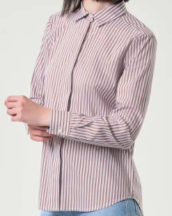 Camicia azzurra in cotone stretch a righe marroni